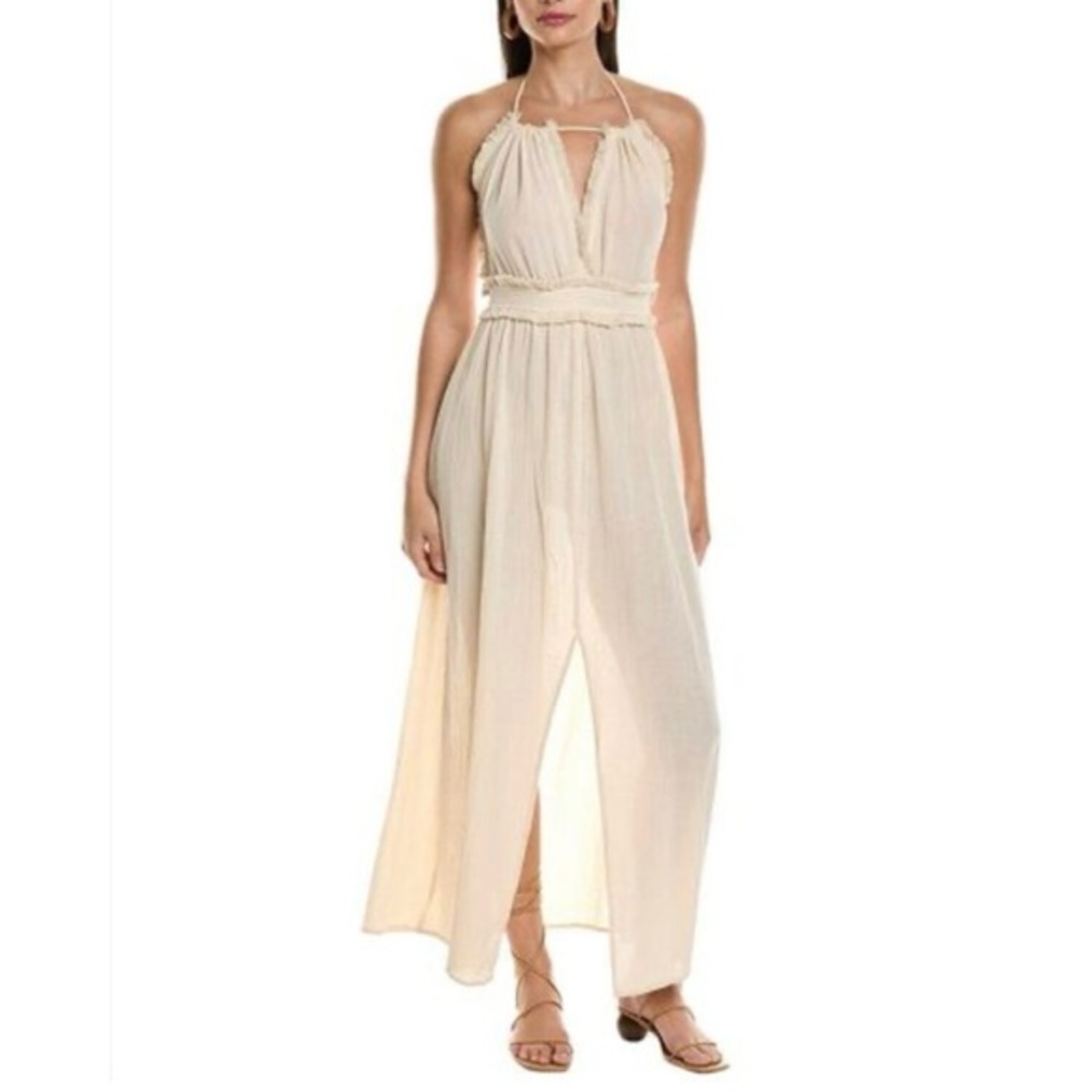 Elan Crinkly Cream Halter Style Fringe Open Back Maxi